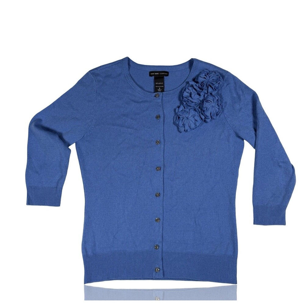 NY & Company Cardigan Womens S Cobalt Blue 3D Floral Rosette Y2K Cottagecore